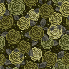 Seamless green khaki camouflage pattern with roses, scattred beads. Good for clothing, apparel, fabric, textile, sport goods design. Detailed illustration in vintage style.