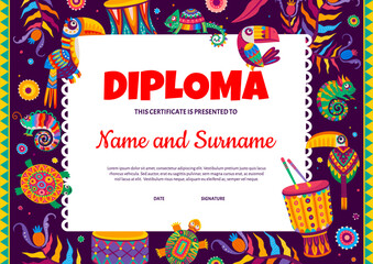 Kids diploma with Brazilian drums, toucans and parrots, Mexican chameleons and turtles, vector certificate. School or kindergarten education award, certificate diploma with colofrul flowers and birds