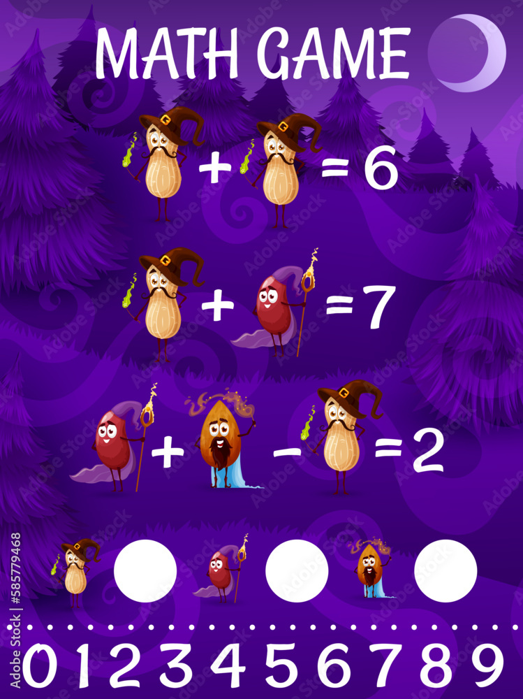 Poster cartoon nut and bean wizard and mage characters, math game worksheet and vector quiz. peanut or grou