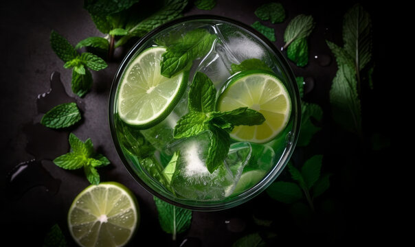 Minty Freshness in a Glass - A refreshing and revitalizing top view of a mojito cocktail with mint leaves, lime wedges, and ice cubes, perfect for summer vibes and relaxation. Generative AI