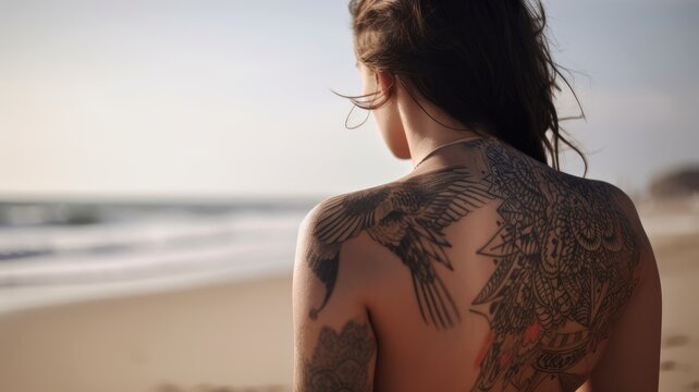 Woman back in tattoos meditation. Generative AI