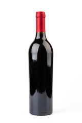 Bottle of red wine with red foil on a white background.