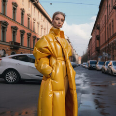 Model girl on the street in a yellow jacket, fashion generative ai