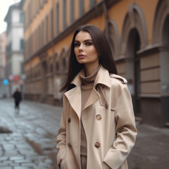 The girl model on the street wearing a beige coat, fashion generative ai