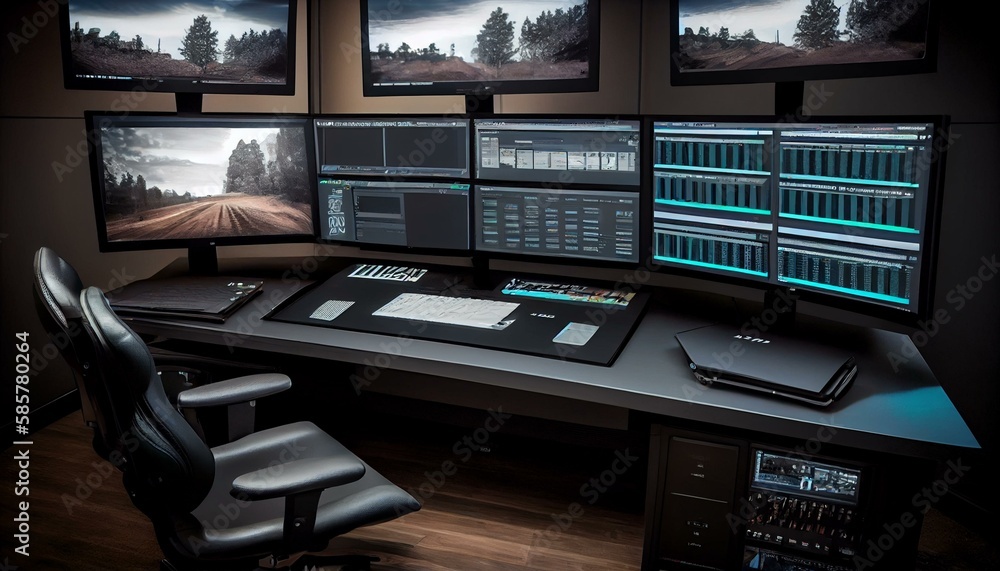 Poster create a video editing suite with multiple monitors, high-end graphics cards, and comfortable ergono