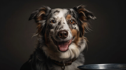 Pampered Pooch: Delighted Dog Enjoying a Hearty Meal. Smiling happy dog standing in front of bowl on plain background. Generative AI