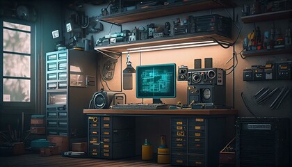 Create a computer repair shop with workbenches, tool racks, and shelves stocked with spare parts." Generative AI