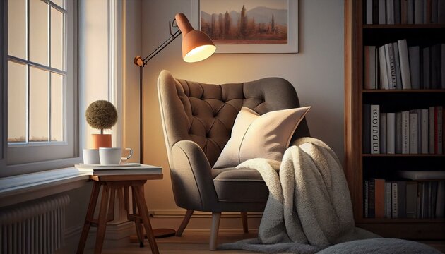 Design a cozy reading nook with a plush armchair, a warm throw blanket, and a minimalist floor lamp." Generative AI