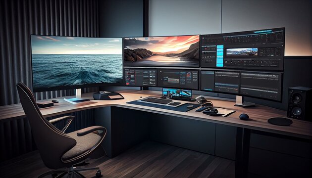Create a video editing suite with multiple monitors, high-end graphics cards, and comfortable ergonomic chairs." Generative AI