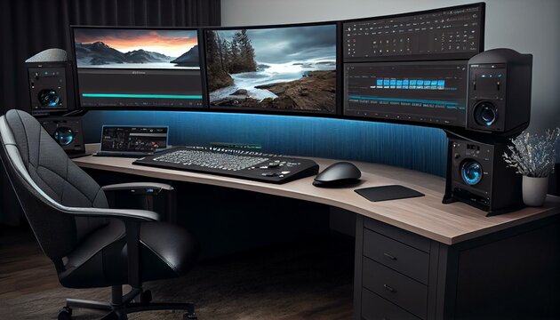 Create a video editing suite with multiple monitors, high-end graphics cards, and comfortable ergonomic chairs." Generative AI