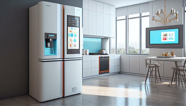 Create a high-tech kitchen with smart appliances, a touchscreen refrigerator, and a programmable coffee maker." Generative AI