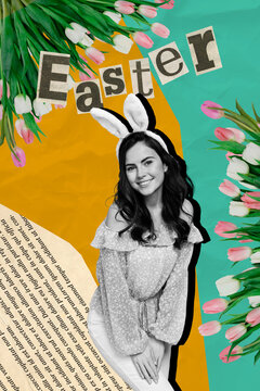 Vertical artwork picture collage of pretty young lady wear bunny ears posing Easter theme party photographing photozone