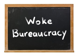 Woke Bureaucracy written in white chalk on a black chalkboard isolated on white