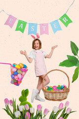 Little girl enjoy spring time Easter preparation gather pick eggs collect wicker basket see relatives tradition religion collage picture