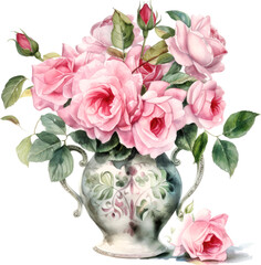 pink rose flower in vase watercolor - obrazy, fototapety, plakaty