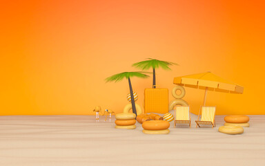 Summer with water play equipment placed on the beach. summer time. 3D illustration, 3D rendering