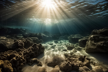 Fototapeta na wymiar View underwater to surface ocean, sunbeam penetrate through the top layer of the ocean, illustration. Generative AI. Undersea, marine, world ocean, nature and water, image