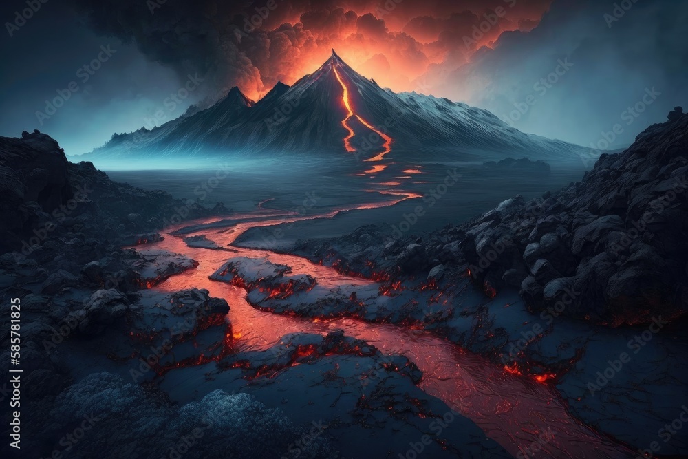 Poster mordor landscape with fiery lava flow and active volcanic vents, created with generative ai