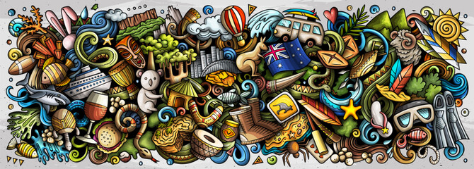 Fototapeta na wymiar Australian culture doodle cartoon funny banner