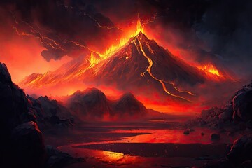 mordor landscape with fiery lava flow and active volcanic vents, created with generative ai - obrazy, fototapety, plakaty