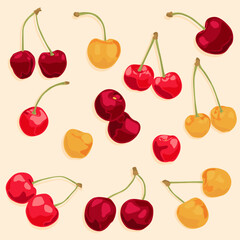 Cherry icon set in vector. Cherry berries are red, yellow, and burgundy. Natural products and dessert. Food icons.