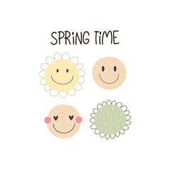 spring time. Cartoon flower, peace sign, hand drawing lettering. colorful spring vector illustration, retro style. design for print, greeting card, poster decoration, cover