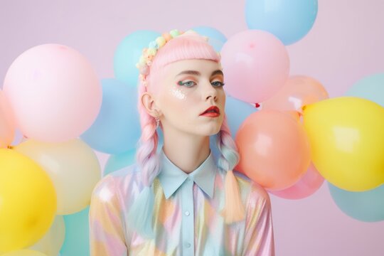 Portrait of a young beautiful girl with a silly hairstyle, crazy summer party, pastel colorful colors with helium balloons in the background. Generative AI.