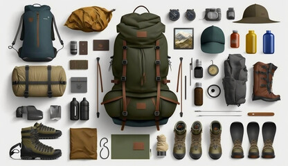 Packing backpack for a trip concept with traveler items isolated on white background. Generative AI