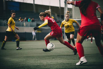 Naklejka premium A fictional person. Female Soccer Star Takes Powerful Shot on Goal
