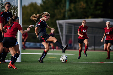 Obraz premium A fictional person. Female Soccer Star Takes Powerful Shot on Goal