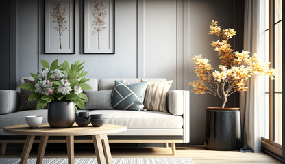 Luxury living lounge. Futuristic modern apartment. Generative AI. Selective focus