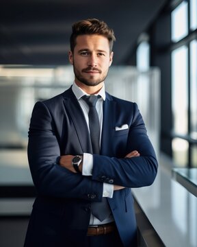 A fictional person.  Confident Sales Representative in Modern Office Setting