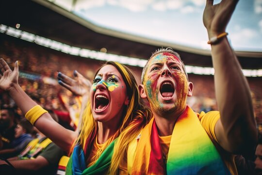 A fictional person. Young couple cheering for their favorite team at a sporting event