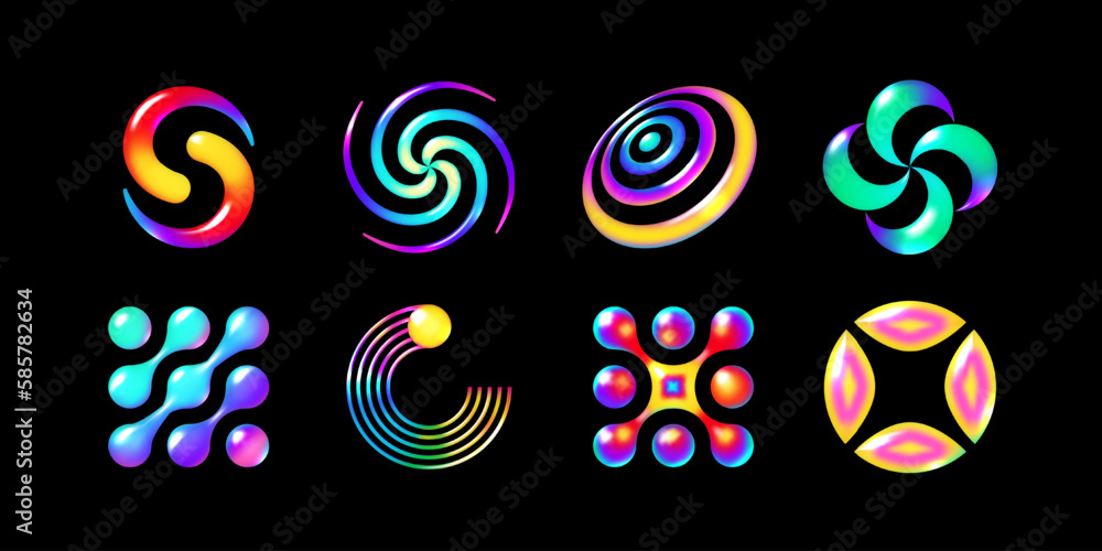 Poster set of vibrant 3d neon abstract shapes in y2k style. futuristic design vector elements in bold, eye-