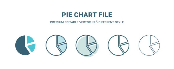 pie chart file icon in 5 different style. Outline, filled, two color, thin pie chart file icon isolated on white background. Editable vector can be used web and mobile