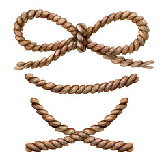 Hand-drawn watercolor illustration of brown wicker elements: rope bow. The elements are isolated on a white background.