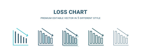 loss chart icon in 5 different style. Outline, filled, two color, thin loss chart icon isolated on white background. Editable vector can be used web and mobile