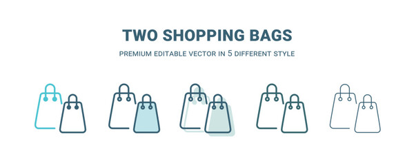 two shopping bags icon in 5 different style. Outline, filled, two color, thin two shopping bags icon isolated on white background. Editable vector can be used web and mobile