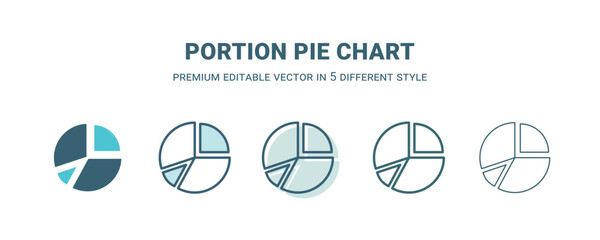 portion pie chart icon in 5 different style. Outline, filled, two color, thin portion pie chart icon isolated on white background. Editable vector can be used web and mobile