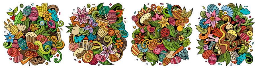 Happy Easter cartoon vector doodle designs set.