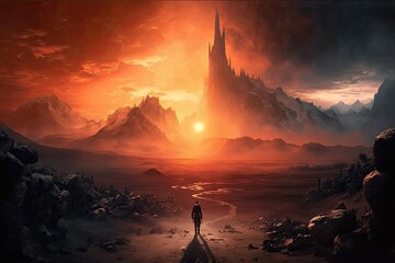 mordor landscape, with fiery sunrise in the background, created with generative ai - obrazy, fototapety, plakaty