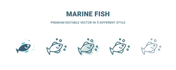 marine fish icon in 5 different style. Outline, filled, two color, thin marine fish icon isolated on white background. Editable vector can be used web and mobile