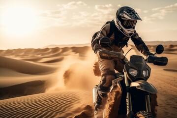 Off-road cyclist riding through the desert. Sports motorcycle drives through the desert. Extreme sports, outdoor activities and hobbies (Generative AI)