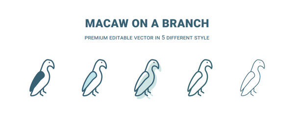 macaw on a branch icon in 5 different style. Outline, filled, two color, thin macaw on a branch icon isolated on white background. Editable vector can be used web and mobile