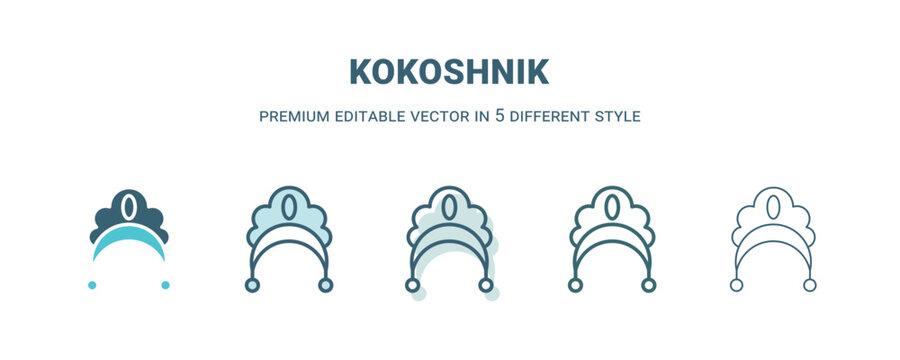 kokoshnik icon in 5 different style. Outline, filled, two color, thin kokoshnik icon isolated on white background. Editable vector can be used web and mobile