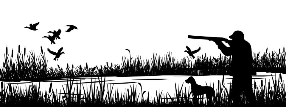 Wildlife Duck animals hunting hunt panorama vector illustration - Black silhouette of hunter with rifle gun and dog at the lake or river shoots at flying mallard ducks, isolated on white background