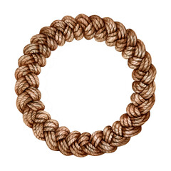 Hand-drawn watercolor illustration of brown wicker elements: wreath. The elements are isolated on a white background.