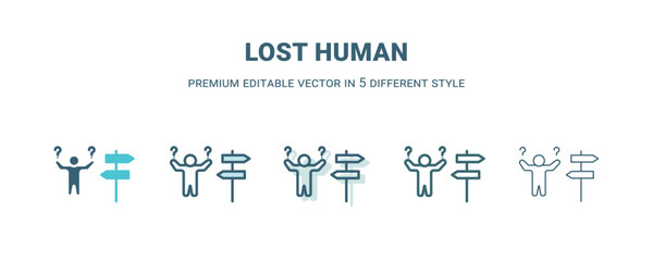 lost human icon in 5 different style. Outline, filled, two color, thin lost human icon isolated on white background. Editable vector can be used web and mobile