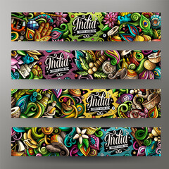 Fototapeta premium India doodle banners set. Cartoon detailed flyers.