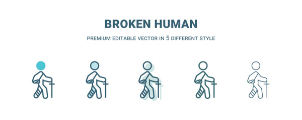 broken human icon in 5 different style. Outline, filled, two color, thin broken human icon isolated on white background. Editable vector can be used web and mobile
